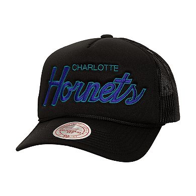 Men's Mitchell & Ness Black Charlotte Hornets Script Sidepatch Trucker Adjustable Hat