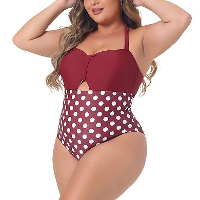 Plus Size One Piece Swimsuit For Women Polka Dots Tummy Control Bathing Suit Cutout Swimwear