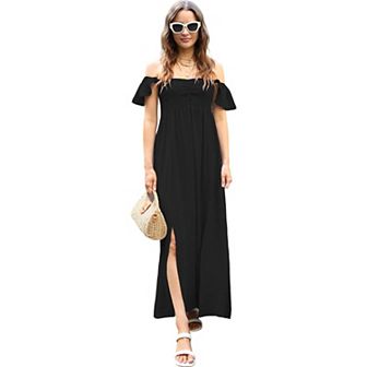 Women's Flutter Cap Sleeve Shirred Smocked Bodice Maxi Dress With Front Slits