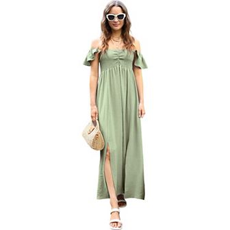 Women's Flutter Cap Sleeve Shirred Smocked Bodice Maxi Dress With Front Slits