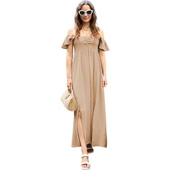Women's Flutter Cap Sleeve Shirred Smocked Bodice Maxi Dress With Front Slits