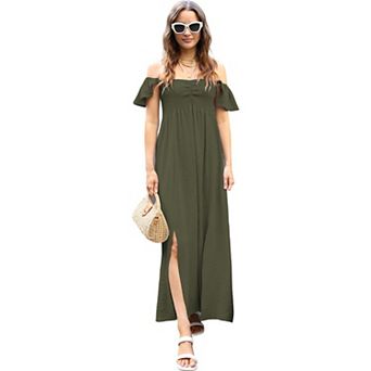 Women's Flutter Cap Sleeve Shirred Smocked Bodice Maxi Dress With Front Slits