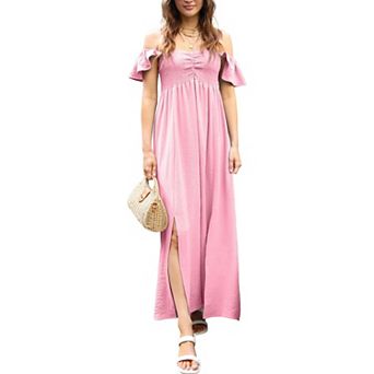 Women's Flutter Cap Sleeve Shirred Smocked Bodice Maxi Dress With Front Slits