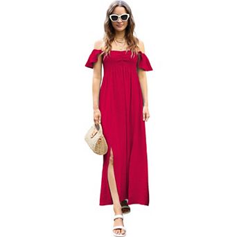Women's Flutter Cap Sleeve Shirred Smocked Bodice Maxi Dress With Front Slits
