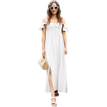 Women's Flutter Cap Sleeve Shirred Smocked Bodice Maxi Dress With Front Slits
