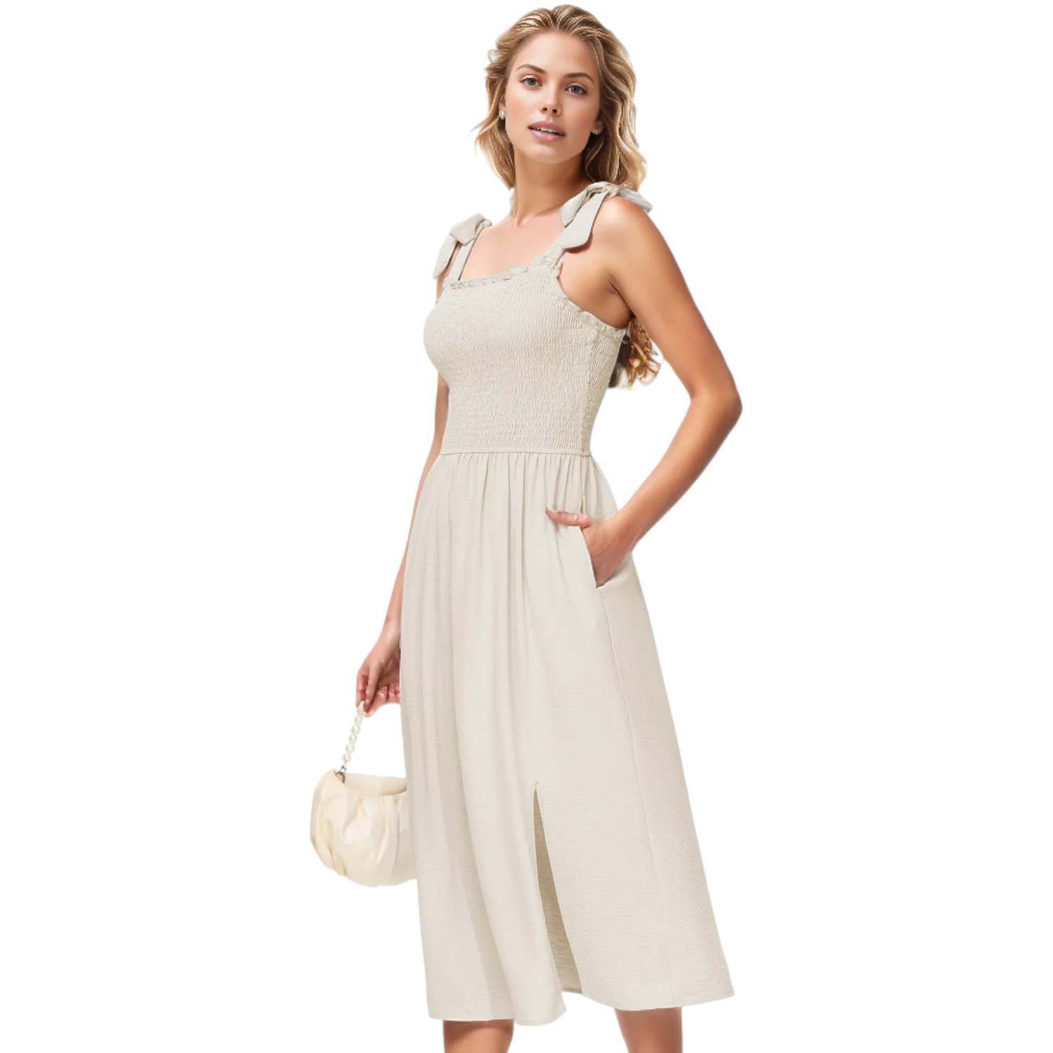 Женские платья Boho Summer Sleeveless Tie Straps Square Neck Smocked Split Midi Dress With Pockets