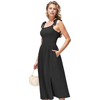 Women's Boho Summer Sleeveless Tie Straps Square Neck Smocked Split Midi Dress With Pockets
