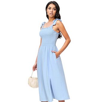 Women's Boho Summer Sleeveless Tie Straps Square Neck Smocked Split Midi Dress With Pockets