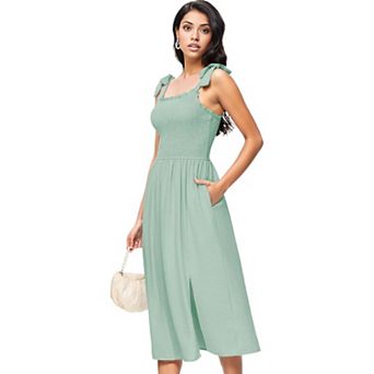 Women's Boho Summer Sleeveless Tie Straps Square Neck Smocked Split Midi Dress With Pockets