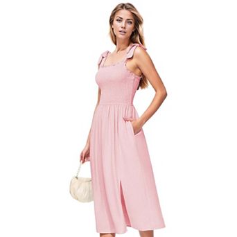 Women's Boho Summer Sleeveless Tie Straps Square Neck Smocked Split Midi Dress With Pockets