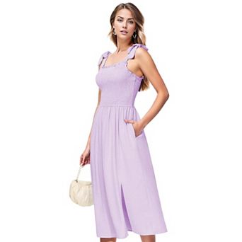 Women's Boho Summer Sleeveless Tie Straps Square Neck Smocked Split Midi Dress With Pockets