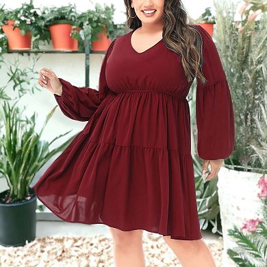 Women's Tunic Dress V Neck Long Sleeve Smocked Casual Loose Flowy Swing Shift Dresses