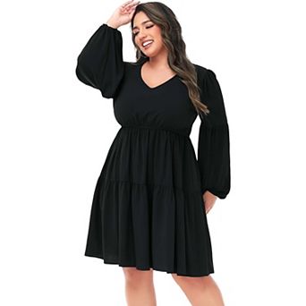 Women's Tunic Dress V Neck Long Sleeve Smocked Casual Loose Flowy Swing Shift Dresses