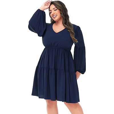 Women's Tunic Dress V Neck Long Sleeve Smocked Casual Loose