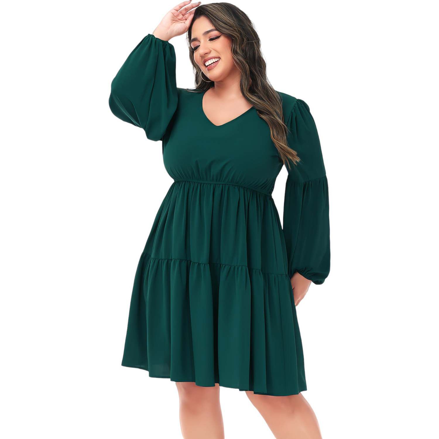 Anna-Kaci Women's Plus Size Tunic Dress V Neck Long Sleeve Smocked Casual Loose Flowy Swing Shift Dresses - Green - PLUS-1X-14W-16W