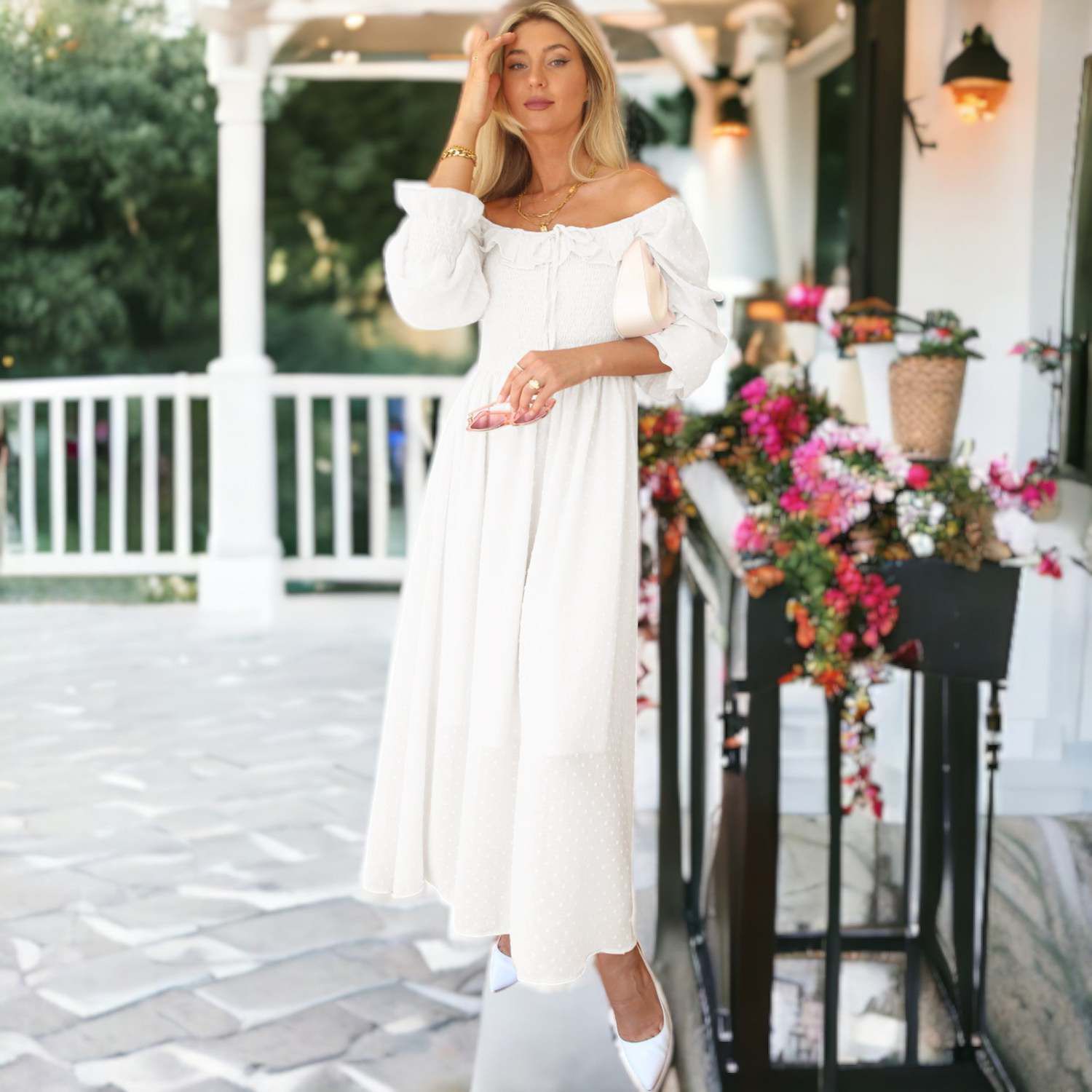 dakota formal one shoulder swiss dot dress Wholesale MOQ6 Swiss Dot Square Neck Half Balloon Sleeve Dress main image 0