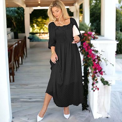 Women's Long Sleeve Swiss Dot Lined Maxi Dress For Women Smocked Tied Detail Square Neck