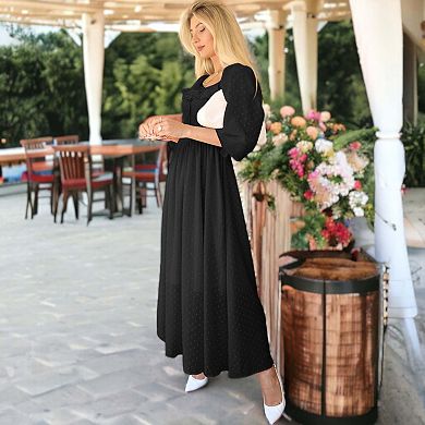 Women's Long Sleeve Swiss Dot Lined Maxi Dress For Women Smocked Tied Detail Square Neck