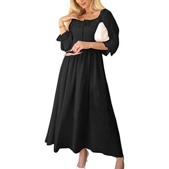 Women's Long Sleeve Swiss Dot Lined Maxi Dress For Women Smocked Tied Detail Square Neck