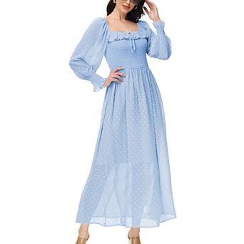 Women's Long Sleeve Swiss Dot Lined Maxi Dress For Women Smocked Tied Detail Square Neck