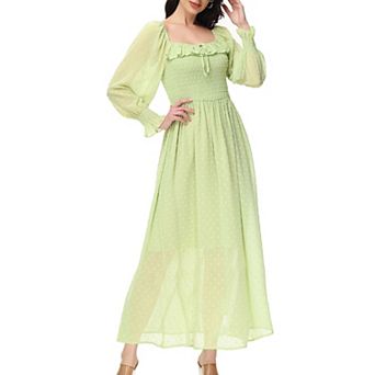 Women's Long Sleeve Swiss Dot Lined Maxi Dress For Women Smocked Tied Detail Square Neck