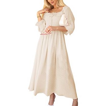 Women's Long Sleeve Swiss Dot Lined Maxi Dress For Women Smocked Tied Detail Square Neck