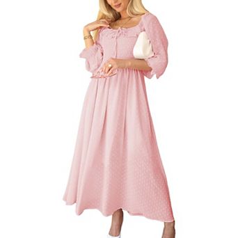 Women's Long Sleeve Swiss Dot Lined Maxi Dress For Women Smocked Tied Detail Square Neck