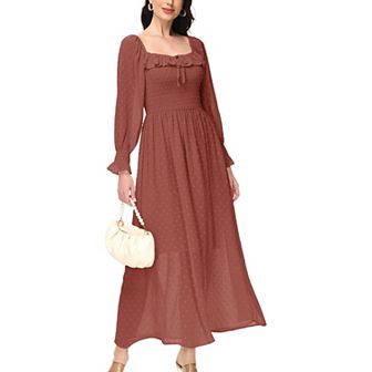 Women's Long Sleeve Swiss Dot Lined Maxi Dress For Women Smocked Tied Detail Square Neck