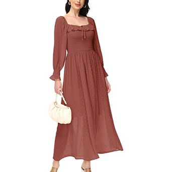 Women's Long Sleeve Swiss Dot Lined Maxi Dress For Women Smocked Tied Detail Square Neck