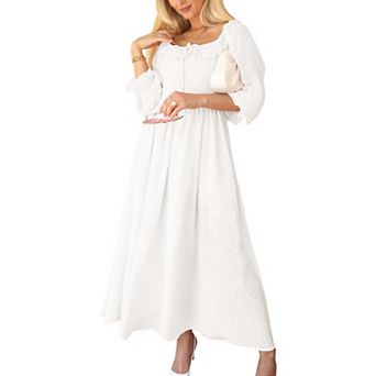 Women's Long Sleeve Swiss Dot Lined Maxi Dress For Women Smocked Tied Detail Square Neck