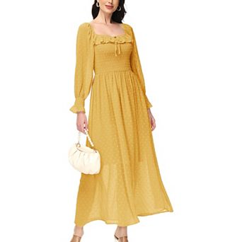 Women's Long Sleeve Swiss Dot Lined Maxi Dress For Women Smocked Tied Detail Square Neck