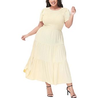 Women's Casual Round Neck Flutter Short Sleeve Elastic Waist Smocked Tiered Maxi Dress