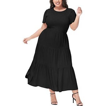 Women's Casual Round Neck Flutter Short Sleeve Elastic Waist Smocked Tiered Maxi Dress