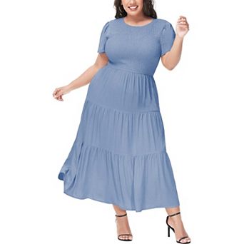 Women's Casual Round Neck Flutter Short Sleeve Elastic Waist Smocked Tiered Maxi Dress