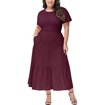 Women's Casual Round Neck Flutter Short Sleeve Elastic Waist Smocked Tiered Maxi Dress