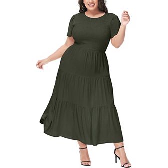 Women's Casual Round Neck Flutter Short Sleeve Elastic Waist Smocked Tiered Maxi Dress