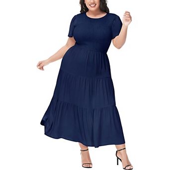 Women's Casual Round Neck Flutter Short Sleeve Elastic Waist Smocked Tiered Maxi Dress