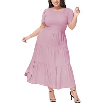 Women's Casual Round Neck Flutter Short Sleeve Elastic Waist Smocked Tiered Maxi Dress