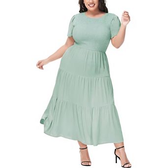 Women's Casual Round Neck Flutter Short Sleeve Elastic Waist Smocked Tiered Maxi Dress