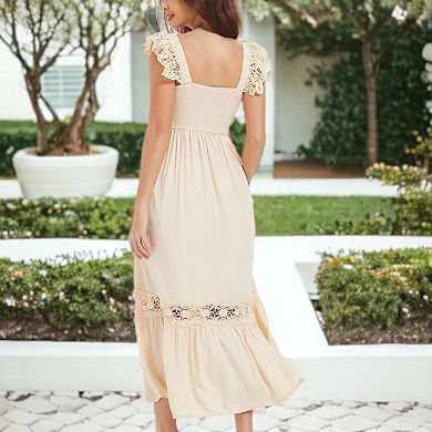 Women's Summer Boho Lace Strap Sleeveless Dress Flowy Ruffle Beach Party Maxi Dress