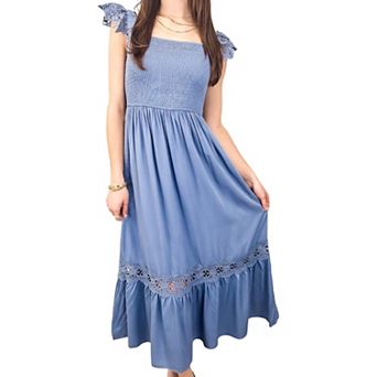 Women's Summer Boho Lace Strap Sleeveless Dress Flowy Ruffle Beach Party Maxi Dress