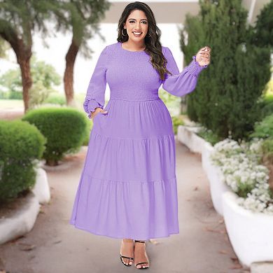 Women's Casual Poet Long Sleeve Smocked Dress Crewneck Flowy Tiered Midi Dress