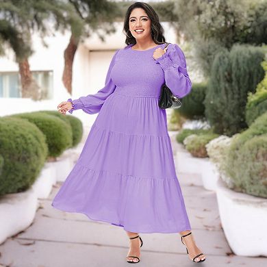 Women's Casual Poet Long Sleeve Smocked Dress Crewneck Flowy Tiered Midi Dress