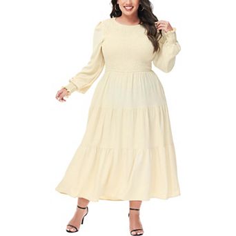 Women's Casual Poet Long Sleeve Smocked Dress Crewneck Flowy Tiered Midi Dress
