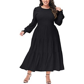 Women's Casual Poet Long Sleeve Smocked Dress Crewneck Flowy Tiered Midi Dress