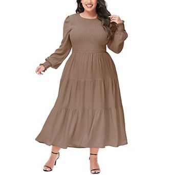 Women's Casual Poet Long Sleeve Smocked Dress Crewneck Flowy Tiered Midi Dress
