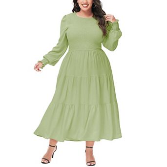 Women's Casual Poet Long Sleeve Smocked Dress Crewneck Flowy Tiered Midi Dress