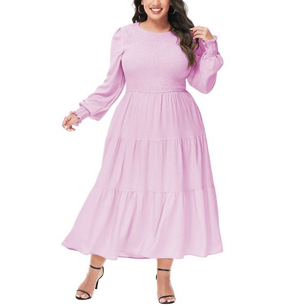 Anna-Kaci Women's Plus Size Casual Poet Long Sleeve Smocked Dress Crewneck Flowy Tiered Midi Dress - Pink - PLUS-1X-14W-16W
