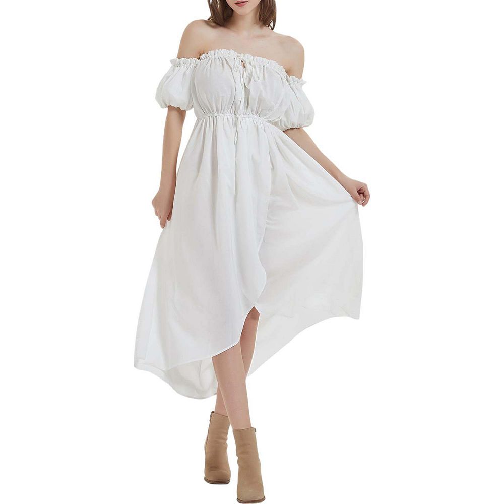 Lantern Sleeve  Cotton  Splice Lace  Long  Vintage  White  V-neck  Autumn  Holiday Boho Dress