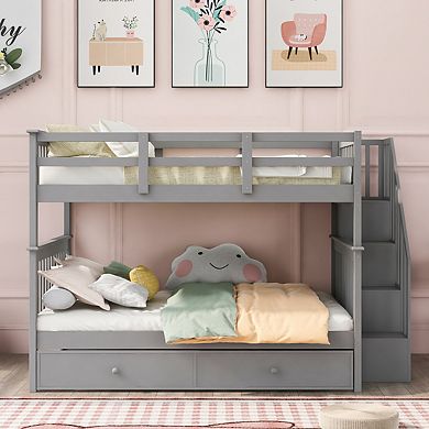 Stairway Full-over-full Bunk Bed With Twin Size Trundle, Storage And Guard Rail For Bedroom